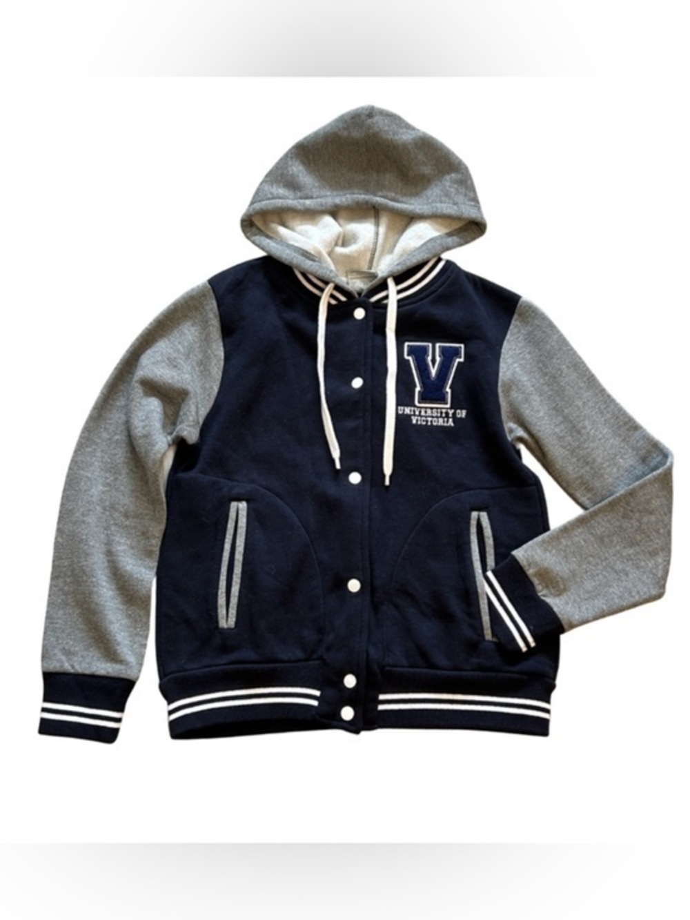 MV Sport University Of Victoria Navy and Gray Hooded Varsity Jacket